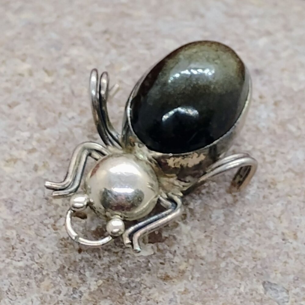 Vtg Iguala EML Mexico 925 Sterling Silver Spider Bug Brooch Pin Black Obsidian